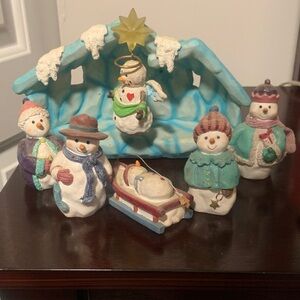 Festive Snowman Nativity Holiday Figurine Set - Blue/Mint